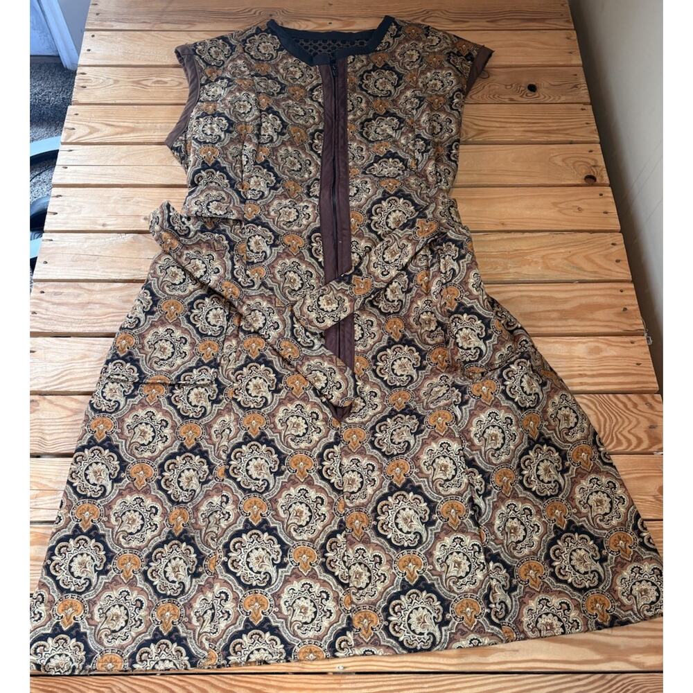 Vintage Handmade Quilted sleeveless Zip Dress Size L Brown Q11